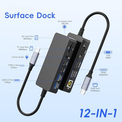 New Surface Thunderbolt 4 Dock Triple Displays 4K HDMI*2+VGA, 12 in 1 Surface Pro Docking Station with Power Adapter for Surface Pro 11/10/9/8/X/7/6/5/4/3, Surface Laptop, Surface Book Go