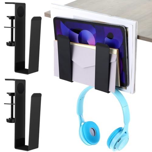 2 Pack Adjustable Desk Side Laptop Holder, Heavy-Duty Metal Desk Side Storage, Hanging Organizer with Tool-Free Clamp (6.97"x1.77", Black)