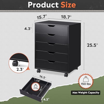 DEVAISE 5-Drawer Filing Cabinet, Under Desk file Cabinet, Black | Wood, Office Storage Cabinet, Printer Stand with Wheels, Drawer Chest, Home Office - color: Black, size: 15.7"D x 18.7"W x 25.5"H
