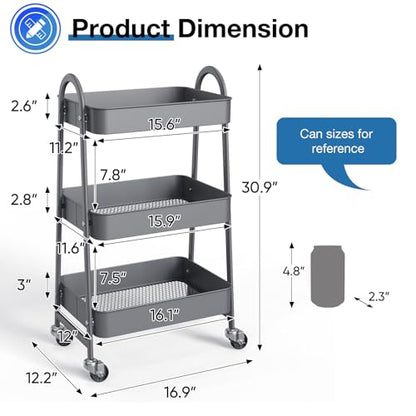 DUMOS 3 Tiers Rolling Cart, Utility Cart, Storage Organizer | Metal Lockable Wheels, Mobile Shelving Unit, Kitchen, Office, Bathroom, Laundry, Narrow Places, Gray - color: 3 Tiers Gray