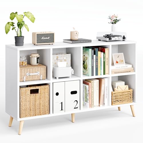 8-Cube Bookshelf 2 Tier Modern Bookcase with Legs, 11in Shelf Opening, 47" Wood Bookshelves Storage Organizer Shelf, Freestanding Open Book Shelves for Bedroom Living Room Office, White - color: White, size: 8-Cube