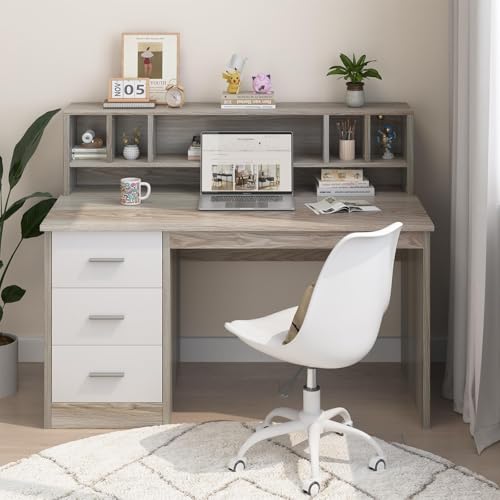 MaverickFurni Home Office Desk with Drawers, 46" Small Desk for Bedroom, Computer Desk with Hutch and Drawers, Study Desk with Storage, White and Walnut - color: White and Walnut