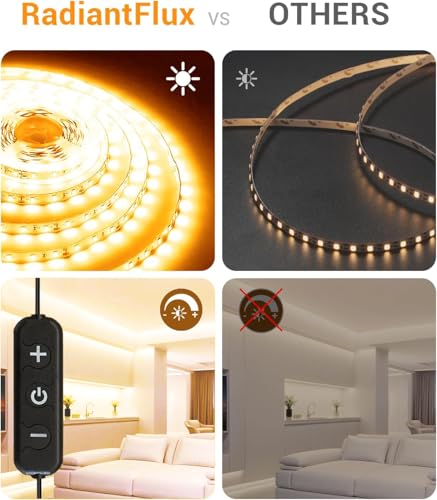 RadiantFlux 20 ft Led Light Strip Warm Indoor Decoration, Small Dimmable LED Lights Strip, 360 LEDs, Super Bright LED Tape Rope Lights for Living Room, Bedroom, Kitchen, Vanity Mirror - color: Dimmable Warm White, size: 20FT