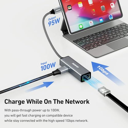 BENFEI USB-C to Ethernet Gigabit Adapter with 100W Power Delivery, Thunderbolt 3/4 to RJ45 Ethernet LAN Network Adapter Compatible with iPhone 15 Pro/Max, MacBook Pro/Air 2023, iMac - size: 1 Pack, style: Gigabit adapter + PD