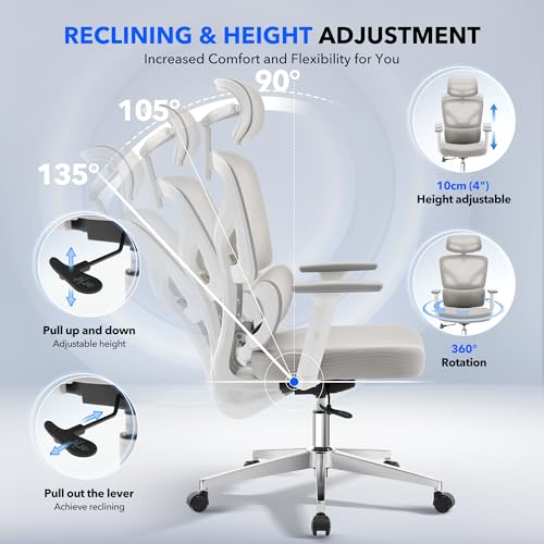 Ergonomic Office Chair Mesh – Adjustable Lumbar 3D Armrests High-Back Desk - color: Grey-d