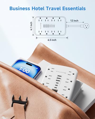 Short Extension Cord 1 FT with 6 USB(3 USB C) 8 Outlets, Flat Power Strip - size: 1 FT-White-Three Prong