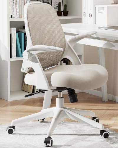 Hbada Office Desk Chair with Flip-Up Armrests and Saddle Cushion, Ergonomic Office Chair with S-Shaped Backrest, Swivel, Mesh, Grey - color: Grey