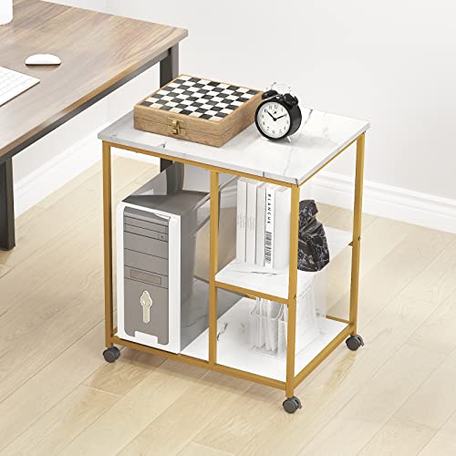 DlandHome Printer Stand with Locking Wheels, 3-Tier Shelf Printer Cart for Home Office Storage and Organization, Rolling Kitchen Utility Storage Cart, White & Golden