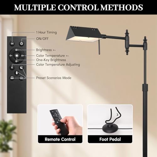 Bairth Black Reading Floor Lamp, Dimmable Pharmacy Standing Lamp | 3 Color Temperature, Dimmable, 17W LED, Height Adjustable, 360°Swing Arm, for Living Room, Bedroom, Office, Craft & Sewing - color: Black