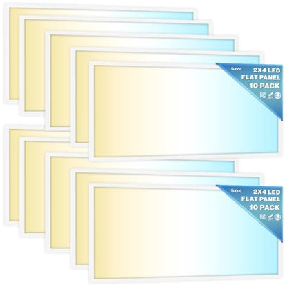 Sunco 10 Pack 2x4 LED Flat Panel Lights 3CCT Selectable, 30-50W, Dimmable | 6500LM, Selectable CCT 4000K/5000K/6000K, Selectable Wattage 30W/40W/50W, 0-10V, Office Lighting, Warehouse, Drop Ceiling - size: 2x4