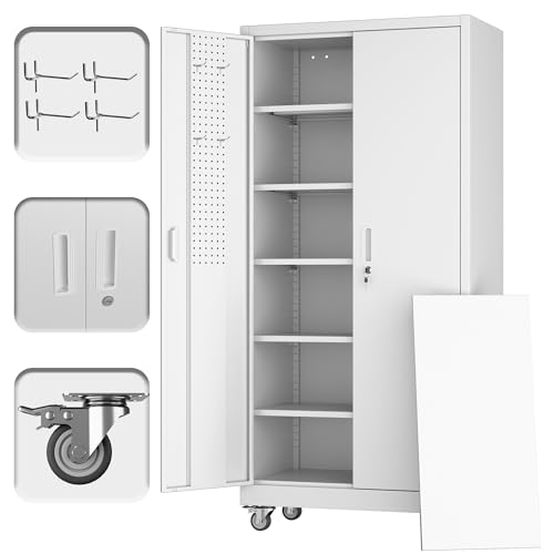 Aobabo Steel Garage Cabinet with Wheels, 71" H x 32" W x 16" D, White | 5 adjustable shelves, lockable doors, pegboard panel and 4 casters with 2 locking brakes; assembly required. - color: White, size: 16"D x 32"W x 71"H-0 Drawers