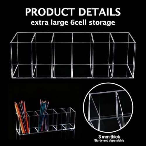 5 Pcs Clear Pencil Holder 6 Compartments Acrylic Cosmetic Brush Storage Box Pencil Cup Stationery Holder Makeup Brush Organizer for Bathroom Kitchen Dorm Office Desk Accessories