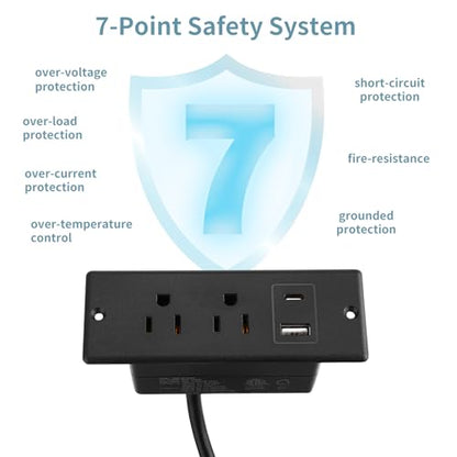 Recessed Power Strip with USB-C 20W and USB-A, 2 AC Outlets, in-Desk Flush Mount Power Strip, 125V 12A 1500W, for Desk Countertop Kitchen Island (Black, 4.9FT) - size: 4.9FT, style: 20W