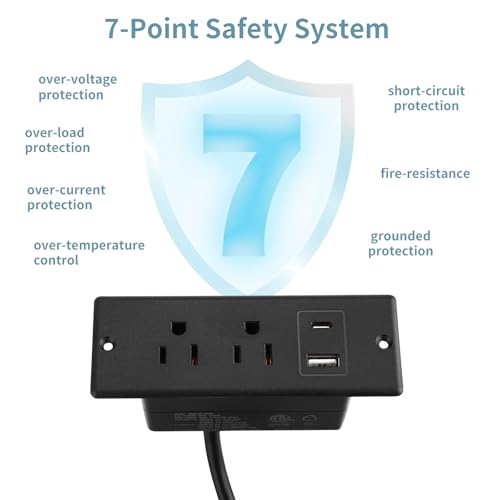 Recessed Power Strip with USB-C 20W and USB-A, 2 AC Outlets, in-Desk Flush Mount Power Strip, 125V 12A 1500W, for Desk Countertop Kitchen Island (Black, 6.6FT) - size: 6.6FT, style: 20W