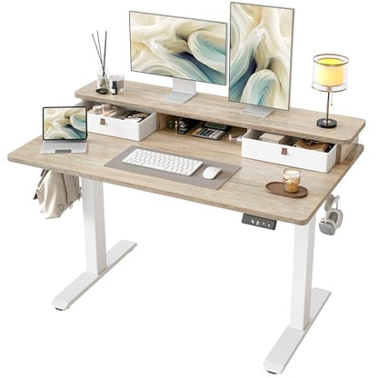 TIQLAB 48 * 24 inch Standing Desk with Two Drawers&Top Shelf, Maple | Smooth Height Adjustment, 2 Memory Presets, One-Touch Control, Stable Steel Frame, 176 lbs Capacity, Easy Assembly - color: Maple, size: 47*24 inch without keyboard tray