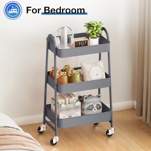 DUMOS 3 Tiers Rolling Cart, Utility Cart, Storage Organizer | Metal Lockable Wheels, Mobile Shelving Unit, Kitchen, Office, Bathroom, Laundry, Narrow Places, Gray - color: 3 Tiers Gray
