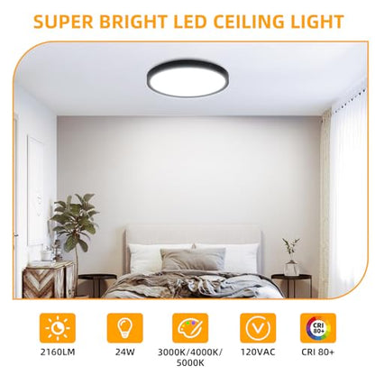 Hlite 12 inch Flush Mount LED Ceiling Light Fixture,2400LM,3CCT,6Pack | 24W Super Slim Light Fixtures Ceiling Mount 3000K/4000K/5000K Selectable,Light Fixtures for Kitchen,Bedroom,Black - color: Black, size: 12 inch-6