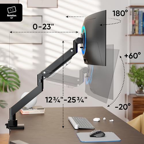 ONKRON Heavy Duty Monitor Arm for 17-57 Inch Screens up to 59.4 lbs, Ultrawide Screen Mount with Adjustable Gas Spring, VESA 75x75-200x200, Single Arm Monitor Mount for Desk, Clamp & Grommet Black | Ultrawide monitor mount with 23" extension, gas spring,