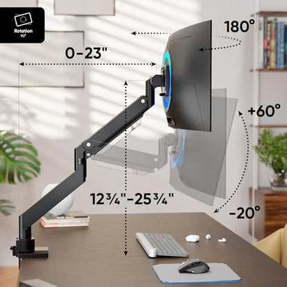 ONKRON Heavy Duty Monitor Arm for 17-57 Inch Screens up to 59.4 lbs, Ultrawide Screen Mount with Adjustable Gas Spring, VESA 75x75-200x200, Single Arm Monitor Mount for Desk, Clamp & Grommet Black | Ultrawide monitor mount with 23" extension, gas spring,