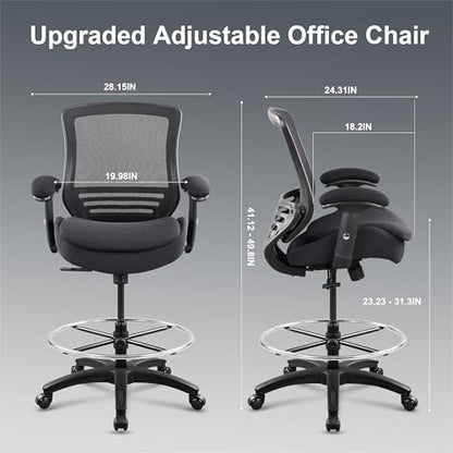 400lbs Office Drafting Chair Wide Dual Seat Cushion for High Standing Desk with Lumbar Support and Enlarged Adjustable Footrest-Black - color: Black