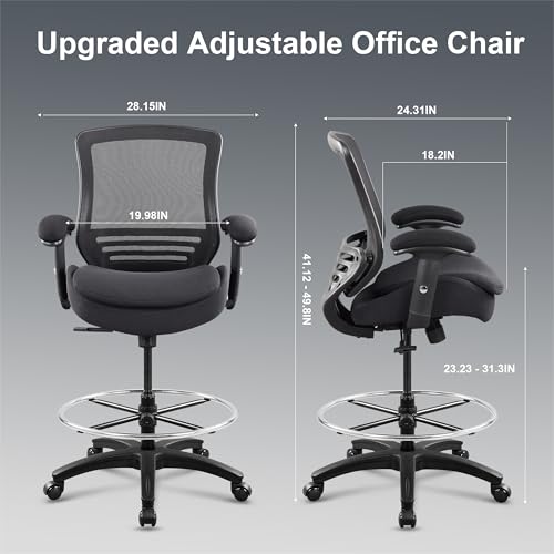 400lbs Office Drafting Chair Wide Dual Seat Cushion for High Standing Desk with Lumbar Support and Enlarged Adjustable Footrest-Black - color: Black