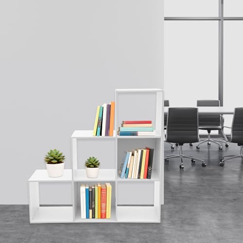 3-Tier Stepped Bookshelf, 6 Cube Storage Organizer, Freestanding Ladder Bookcase, L-Shaped Corner Shelf, Room Divider Shelf, 35.4" Tall Modern Display Shelf for Home Office Living Room - size: 6 Cubes/L-Shaped