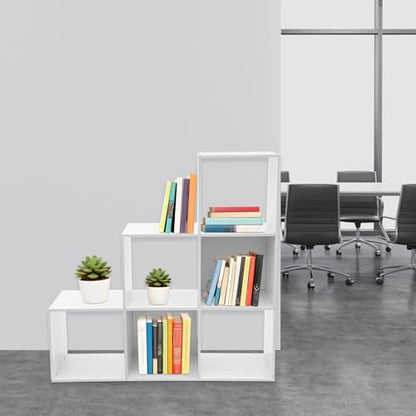 3-Tier Stepped Bookshelf, 6 Cube Storage Organizer, Freestanding Ladder Bookcase, L-Shaped Corner Shelf, Room Divider Shelf, 35.4" Tall Modern Display Shelf for Home Office Living Room - size: 6 Cubes/L-Shaped