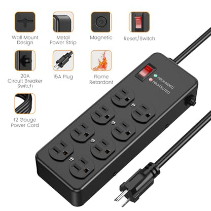 HEZI Magnetic Heavy Duty Power Strip,12 Gauge 6FT Extension Cord,Black - size: 6 FT