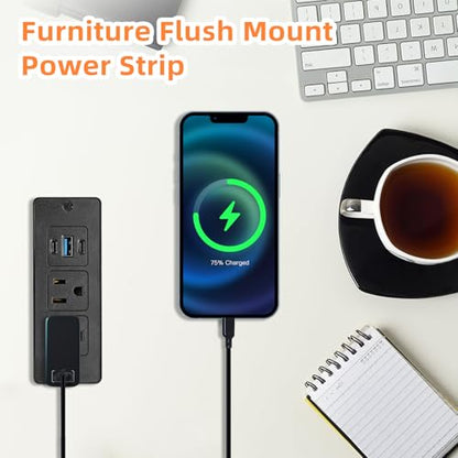 2Pack Recessed Power Strip, 20W USB-C Furniture Outlet, Black, 6FT | 2 AC + 3 USB (2 USB-C, 1 USB-A), Flush Mount, Space-Saving, Easy Install, For Desk, Bedside, Drawer, Conference Table - color: Black-2Pack, size: 6 FT