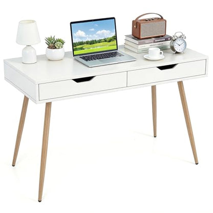 Tangkula White Writing Desk w/2 Storage Drawers, Modern Computer Desk with 4 Rubber Wood Legs, Versatile Small Study Desk for Home Office School, Vanity Table for Bedroom