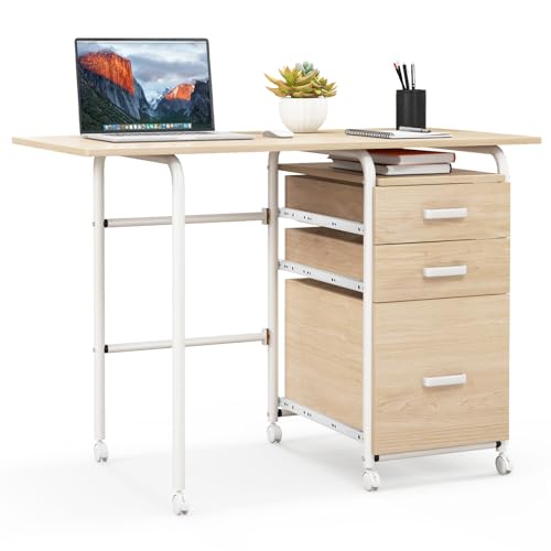 GIANTEX Folding Desk for Small Space, Rolling Home Office Desk with 3 Drawers & Lockable Universal Wheels, Mobile Study Writing Desk for Dorm Apartment Bedroom (Natural) - color: Natural