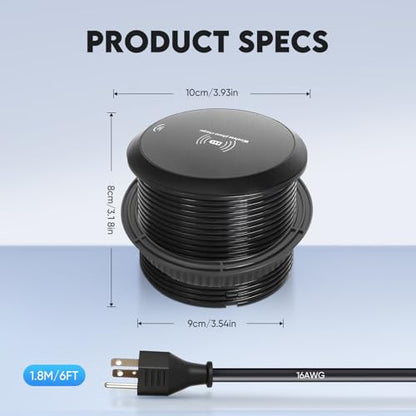 Desk Power Strip with 15W Wireless Charger, PD 20W USB-A, QC 3.0 USB-C Fast Charging Embedded Power Outlet, Recessed Power Outlet with AC outlets and 6FT Cord - color: black