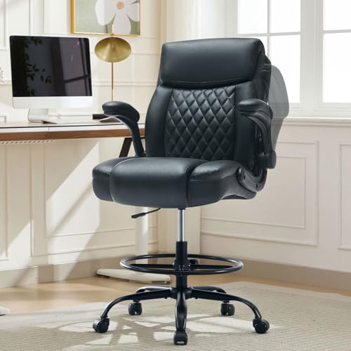 MAHOMICO Drafting Chair for Standing Desk – Tall Office Chair with Adjustable Height & Foot Ring, Flip-Up Arms, Lumbar Support – Comfortable Leather Seat, Ideal Home Desk Chair - color: Leatherblack