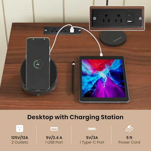 Tangkula Computer Desk with Drawers & Charging Station, Wooden Home Office Desk PC Laptop Notebook Desk, Compact Study Desk Writing Desk, Computer Workstation Ideal for Home & Office - color: Walnut