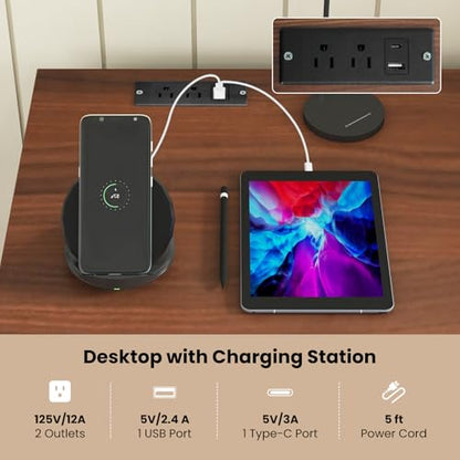 Tangkula Computer Desk with Drawers & Charging Station, Wooden Home Office Desk PC Laptop Notebook Desk, Compact Study Desk Writing Desk, Computer Workstation Ideal for Home & Office - color: Walnut