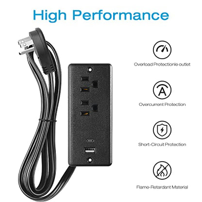 HHSOET Furniture Recessed Power Strip, 20W USB C Ports, Black, 6FT - size: 6ft-USB-C