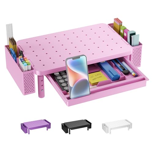 WALI Computer Monitor Stand with Storage, Desk Organizer with Drawer and Pen Holder, Desk Monitor Riser 3 Height Adjustable, Laptop Riser for Computer, Laptop, Printer (PTT003-P), 1 Pack, Pink - color: Pink, size: 14.6"L * 9.3"W,11" 1 Drawer, 2 Pen Holder