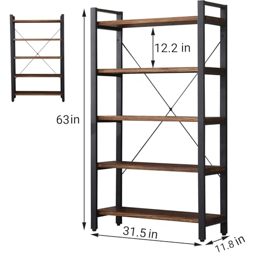 5 Tier Bookcase, Solid Wood Bookshelf Rustic Vintage Industrial Etagere Bookcase, Metal and Wood Free Vintage Bookshelf, Retro Brown (5-Tiers) - size: 5-Tiers-Solid Wood