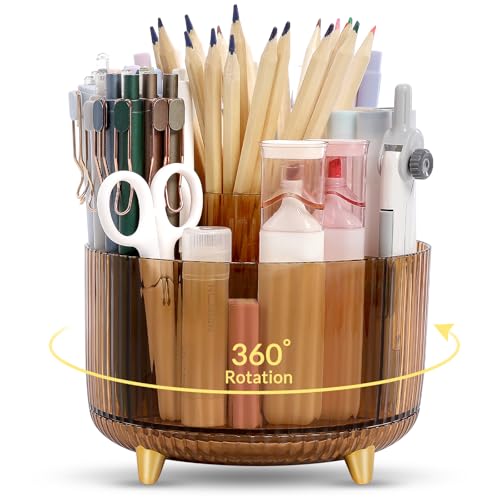 SKYDUE Rotating Pencil Pen Holder, Pen Organizer with 5 Slots - Aesthetic Desk Organizer and Accessories for School, Home, Office Supplies, Clear Tawny - color: Clear Tawny