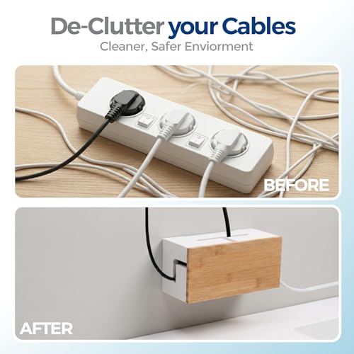 Cable Management Box Bamboo 9.6x5.1x4.3in, White, Wall Mount Kit Included - color: White S