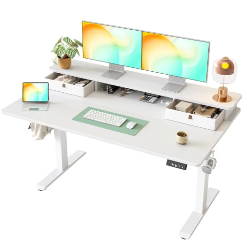 TIQLAB 55 * 28 inch Standing Desk with Two Drawers&Top Shelf, White - color: White, size: 55*28 inch without keyboard tray