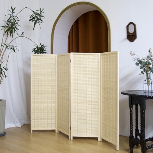 4 Panel Short Panel Divider Screen,3.95 FT Tall Bamboo Room Divider Folding Privacy Screen,Short Panel Divider Freestanding Room Divider for Room Seperation,Beige - color: Beige, size: 4 Panel