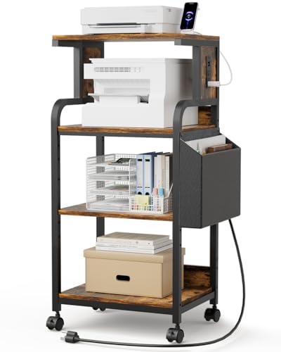 Tall Printer Stand with Charging Station, 4-Tier Mobile Printers Cart - color: Retro Brown, size: 20.9''x15.7''