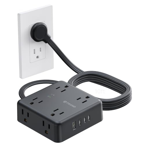 TROND Surge Protector Power Strip, 10FT Flat Plug Extension Cord, Black - color: Black, size: 10FT, style: Flat Plug