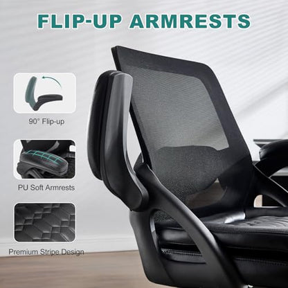 Big and Tall Office Chair, 500lbs Heavy Duty Ergonomic Mesh, Black | Flip-Up Armrests, Plus Size PU Leather Wide Seat, 360° Swivel Computer Executive Task Chair for Home Office, Up to 500LBS Cap - color: Black, size: 1BOX