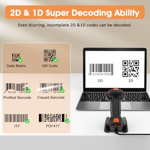 Bluetooth 2D QR Barcode Scanner with Charging Stand,Industrial Dustproof and Waterproof 3 in 1 Compatible with Bluetooth & 2.4GHz Wireless & Wired Connection with Vibration Alert Orange