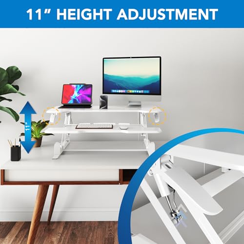 Mount-It! Standing Desk Converter White 38” Wide Height Adjustable Stand Up Desk Riser, Desk Topper with Gas Spring, Desktop Standing Desk with Keyboard Tray Fits Two Monitors - color: White, size: 38 Inches
