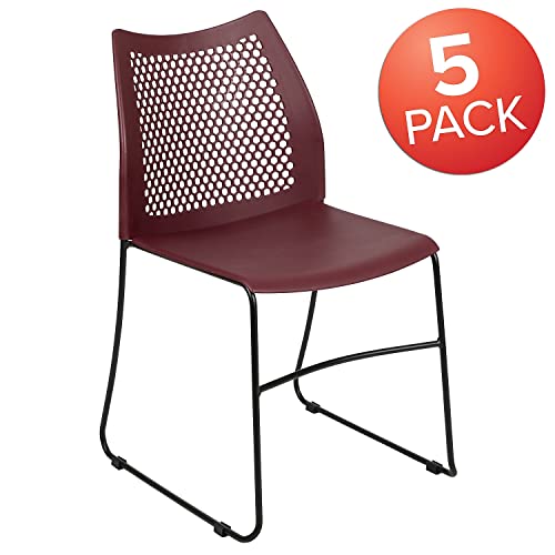 Flash Furniture HERCULES Series 5 Pack 661 lb. Capacity Burgundy Stack Chair with Air-Vent Back and Black Powder Coated Sled Base | Sled Base, Powder Coated, 661 LBS. Weight Capacity - color: Burgundy, size: Set of 5