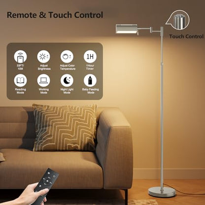 SUNMORY Dimmable LED Pharmacy Floor Lamps, 16W/1500LM Bright Reading Lamp | Remote Touch Control, 350°Swing Arm, Adjustable Height, Task Craft Tall Standing Light for Living Room Bedroom Office, Nickel - color: Nickel