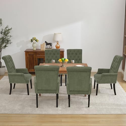 LOULENS Linen Dining Chair with Arms, Tufted Dining Room Chairs, Green | Solid Wood Legs, Nailhead Trim, Accent Chair, Kitchen Chair - color: Dark Green, size: 1 PCS